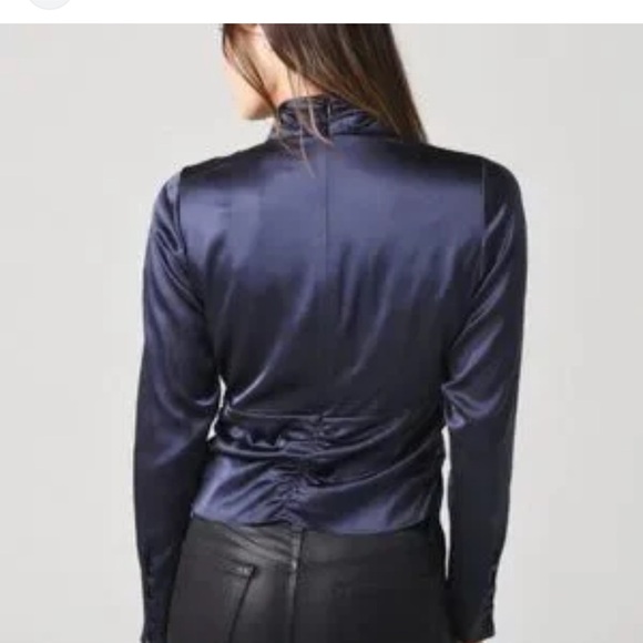 FRAME Denim Felicity Silk Mock Neck Keyhole Button Front Blouse Top Navy Sz S - Picture 2 of 12